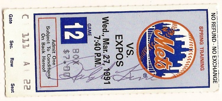 Thumbnail of Ralph Kiner autographed Mets Spring Traning Game ticket 1991 HOF