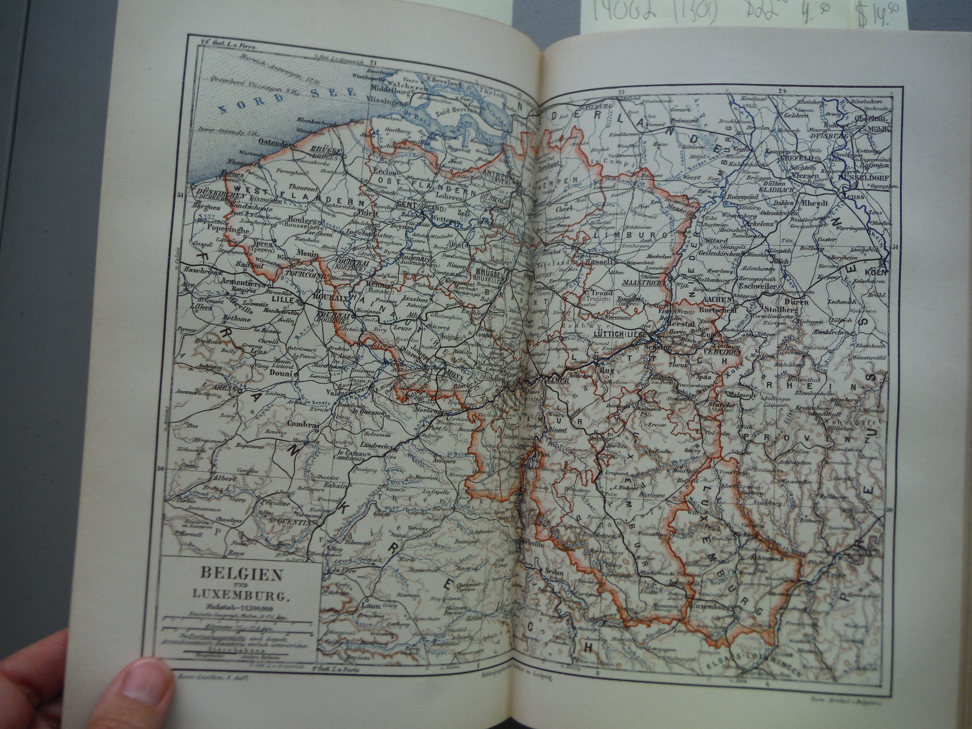 Original colored Engraving map entitled Belgien und Luxemburg from Meyers  Ko