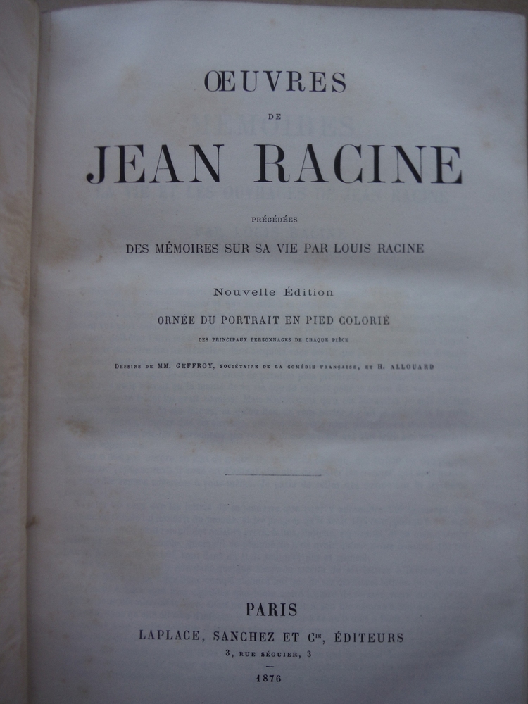 Image 1 of  Oeuvres de Jean Racine (precedees Des memoires sur sa vie par Louis Racine) 