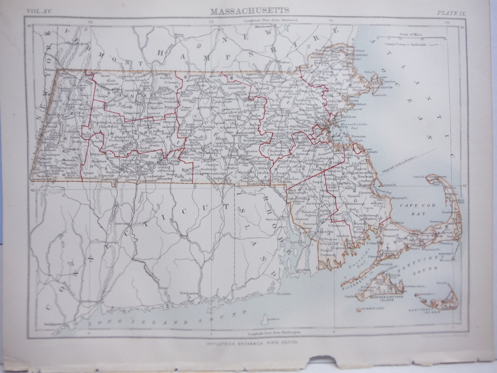 Antique Map of Massachusetts from Encyclopaedia Britannica,  Ninth Edition Vol. 