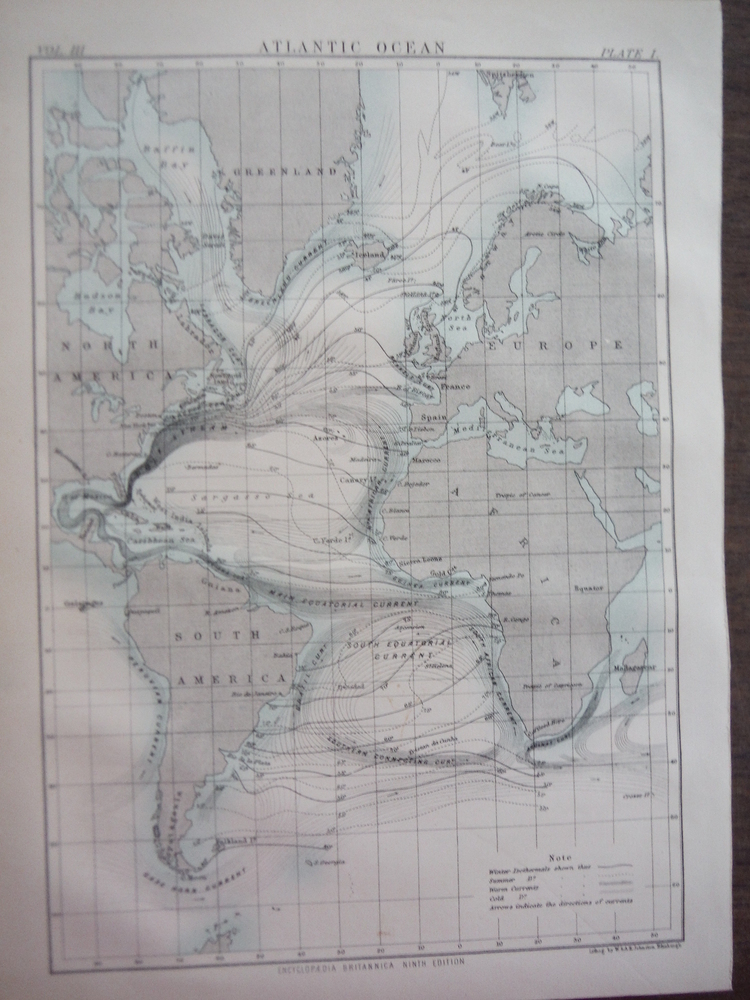 Antique Map of Atlantic  Ocean from Encyclopaedia Britannica,  Ninth Edition Vol