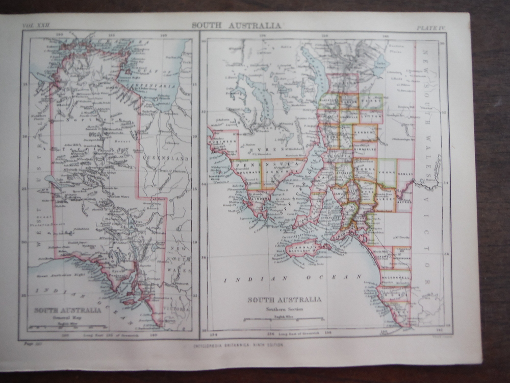 Antique Map of  South Australia from Encyclopaedia Britannica,  Ninth Edition Vo