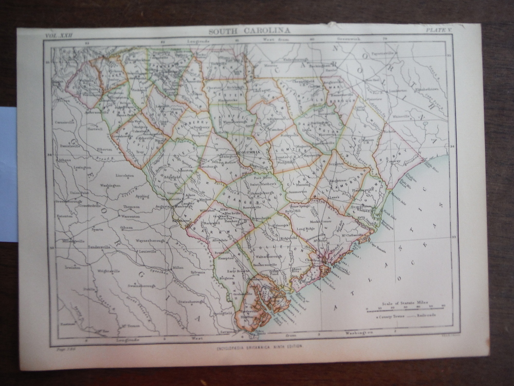 Image 0 of Antique Map of  South Carolina from Encyclopaedia Britannica,  Ninth Edition Vol