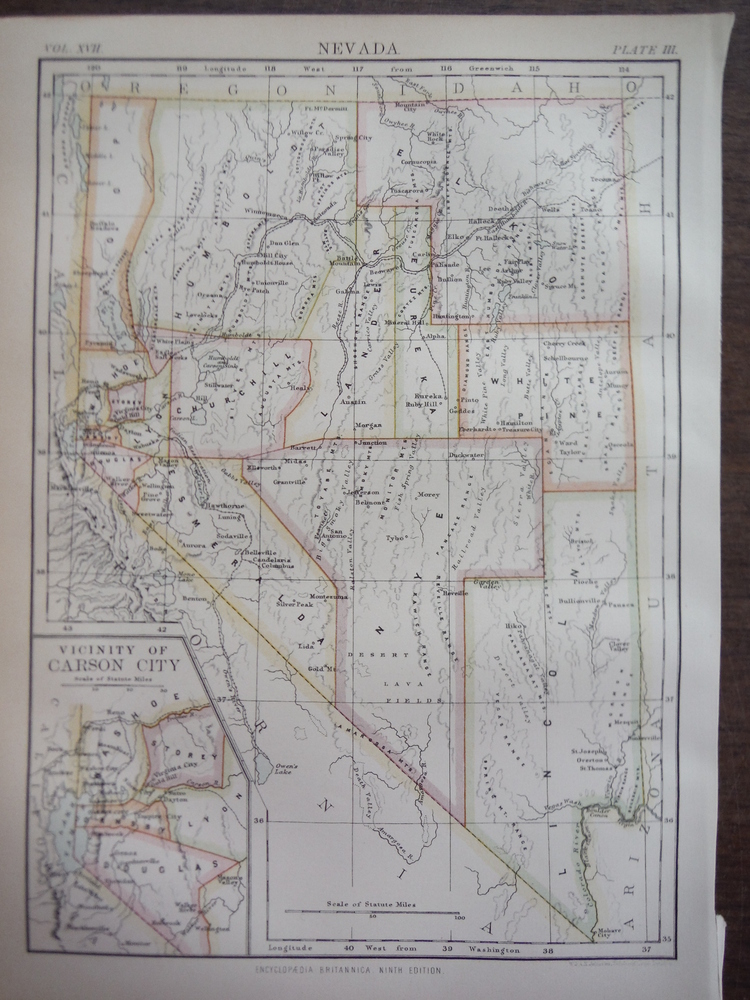 Antique Map of Nevada from Encyclopaedia Britannica, Ninth Edition Vol