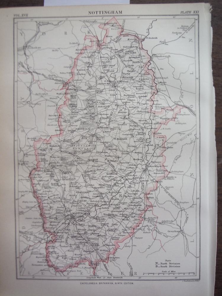 Antique Map of Nottinghsm from Encyclopaedia Britannica,  Ninth Edition Vol. XVI