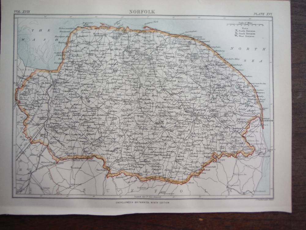 Antique Map of Norfolk  from Encyclopaedia Britannica,  Ninth Edition Vol. XVII 
