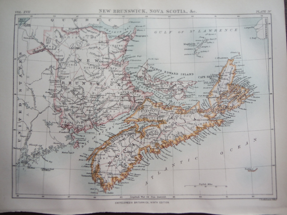 Antique Map of New Brunswick,  Nova Scotia, Etc.  from Encyclopaedia Britannica,
