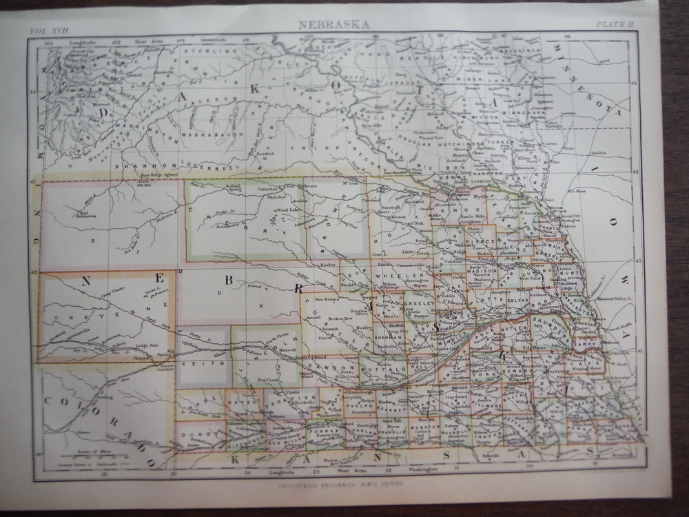Antique Map of Nebraska  from Encyclopaedia Britannica,  Ninth Edition Vol. XVII