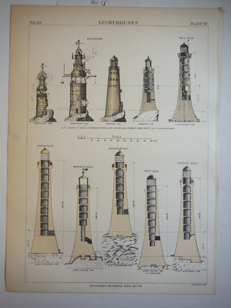 Image 0 of Antique Color Engraving of 10 Lighthouses from Encyclopaedia Britannica,  Ninth 