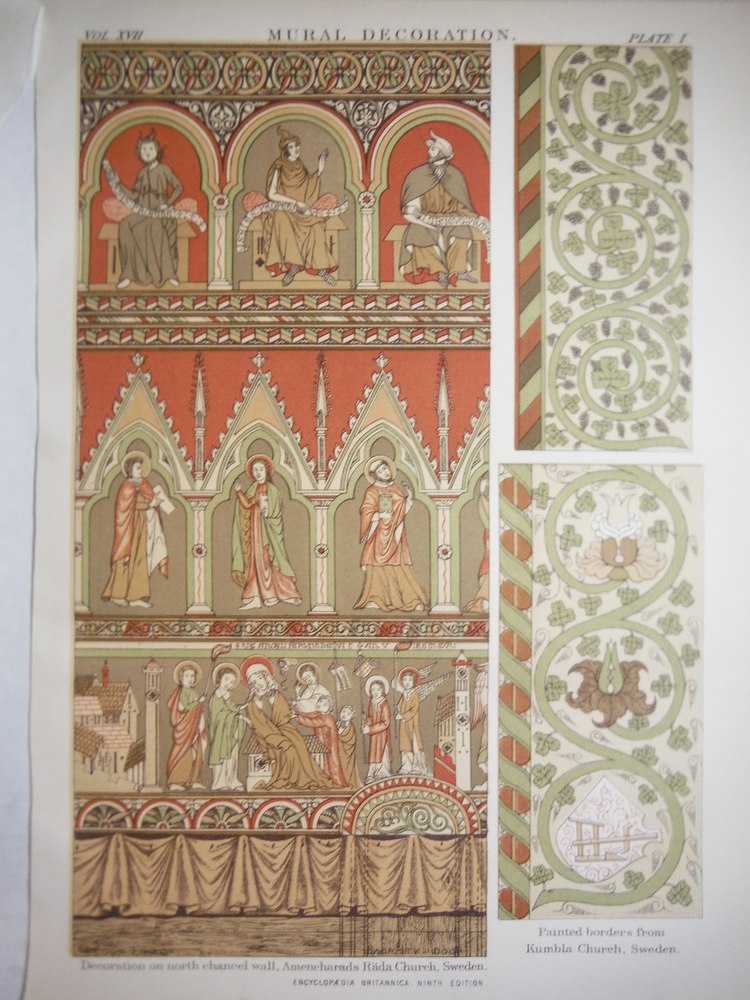 Antique Color Lithograph of  Mural Decorations of Sweden Churches from Encyclopa
