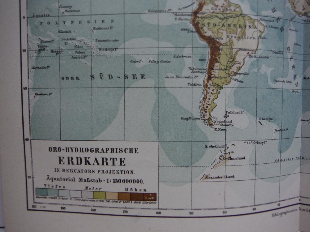 Image 1 of Meyers Antique Map of Oro-Hydrographische Erdkarte in Mercators Projektion 1890