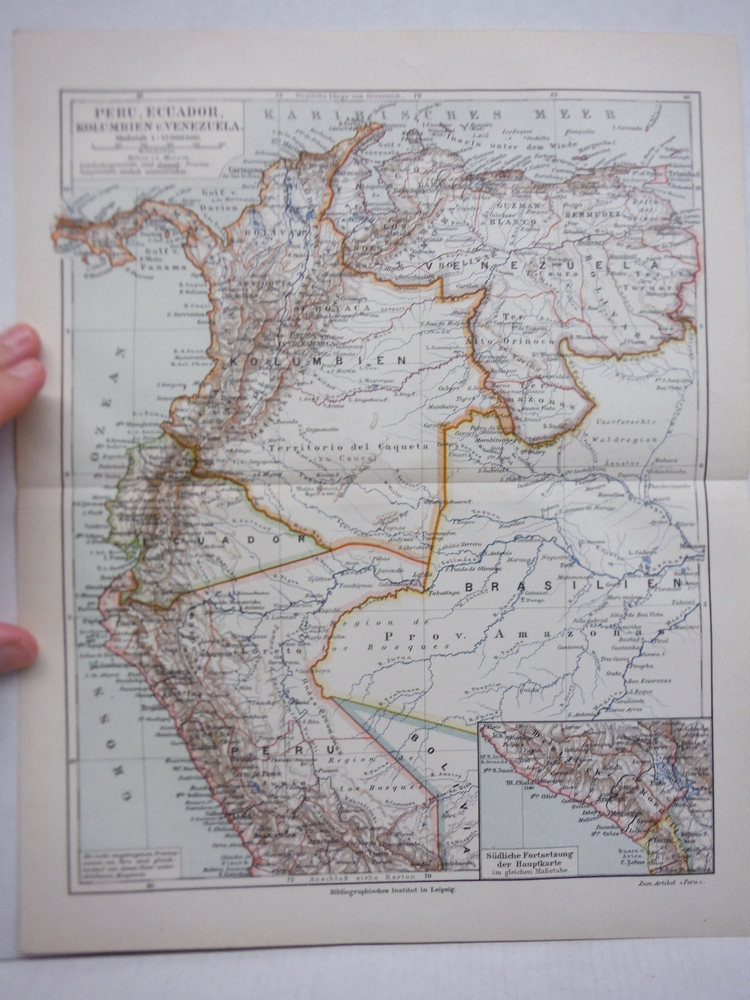 Meyers Antique Colored Map of  PERU, ECUADOR, KOLUMBIEN U. VENEZUELA  (1890) 