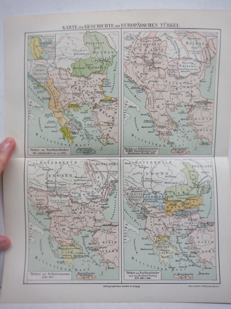 Meyers Antique Colored Map  KARTE ZUR GESCHICHTE  DER EUROPAISCHEN TURKEI (1890)