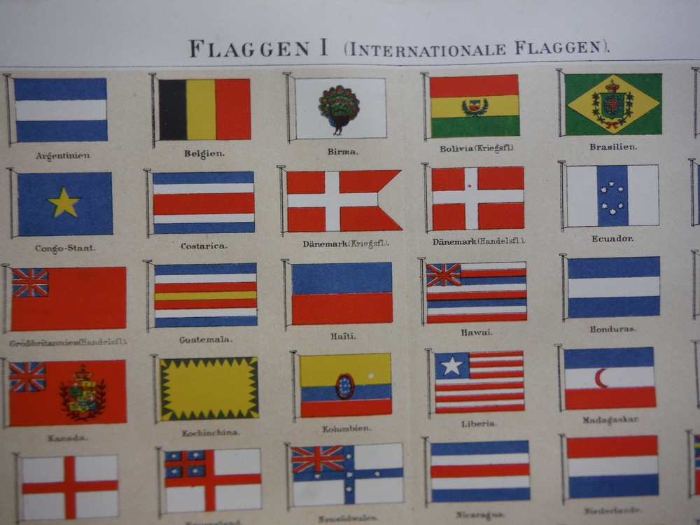 Image 1 of Two Meyers Lexikon Chromolighographs of International and German Flags  (1890) 