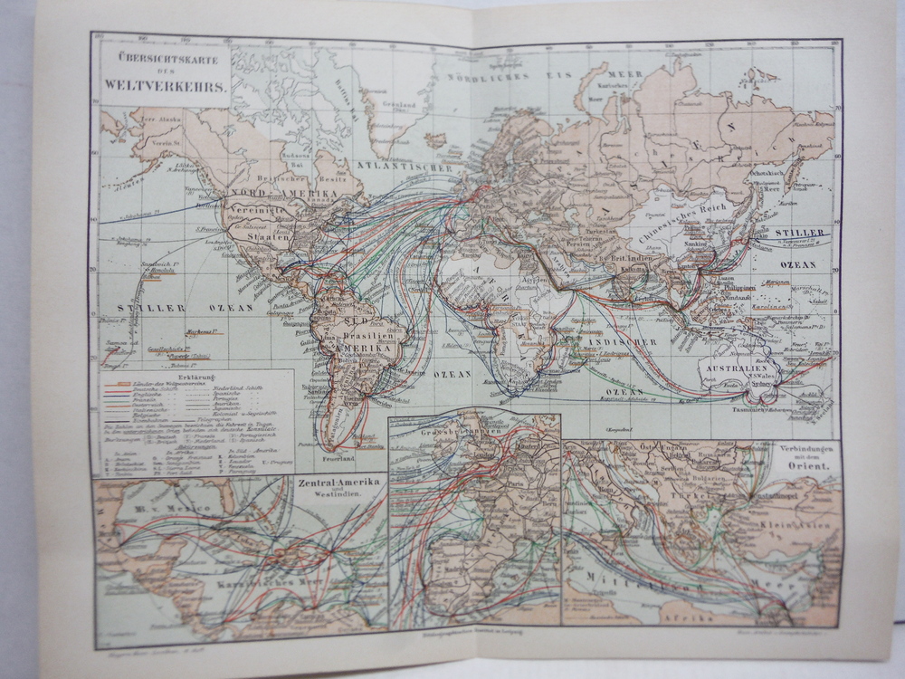 Antique Meyers Lexikon color map UBERSICHTSKARTE DES WELTVERKEHRS  (1890) 