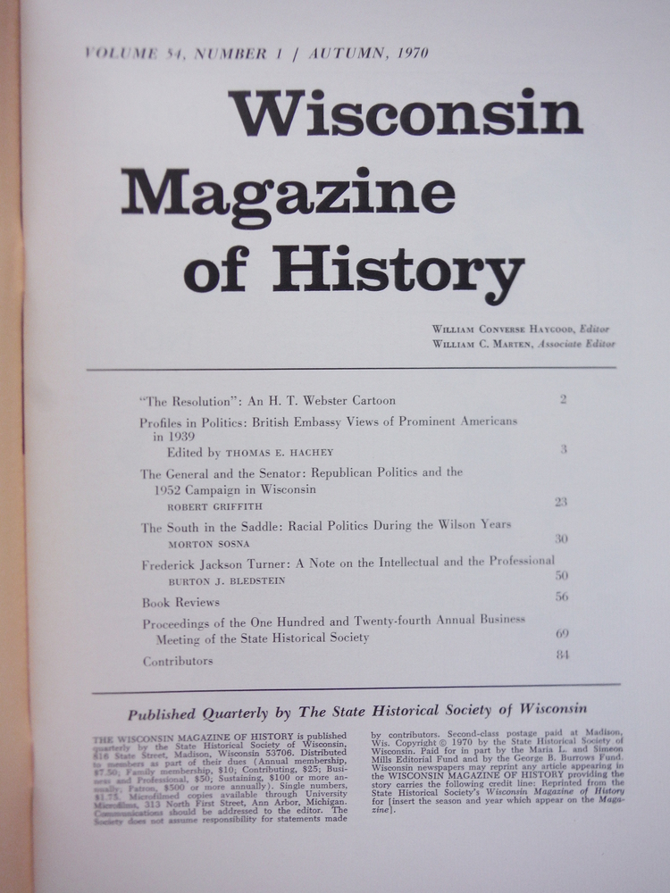 Image 1 of Wisconsin Magazine of History 4 issues (1969-1973)