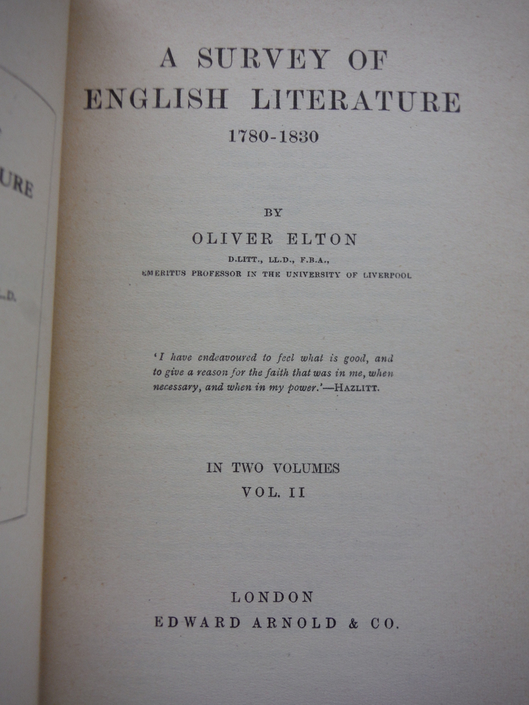 Image 1 of A Survey of English Literature 1780-1830 in Two Volumes