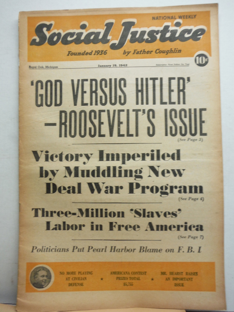 Image 1 of Social Justice National Weekly Founded 1936 by Father Caughlin - 14 issues 1942