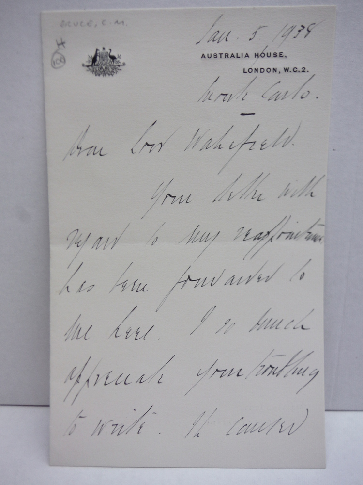 Image 1 of STANLEY MELBOURNE, VISCOUNT BRUCE -  Signed letter January 5, 1938, with LOA