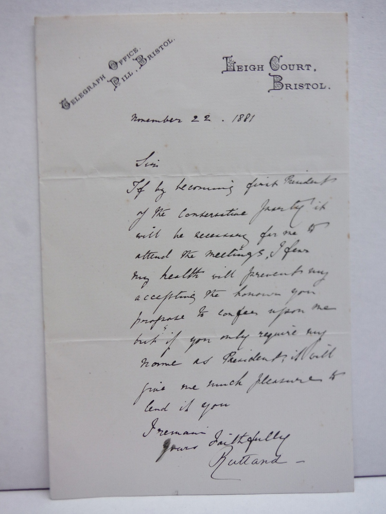 Image 0 of JOHN JAMES ROBERT MANNERS, 7TH DUKE OF RUTLAND - Signed letter December 22, 1881
