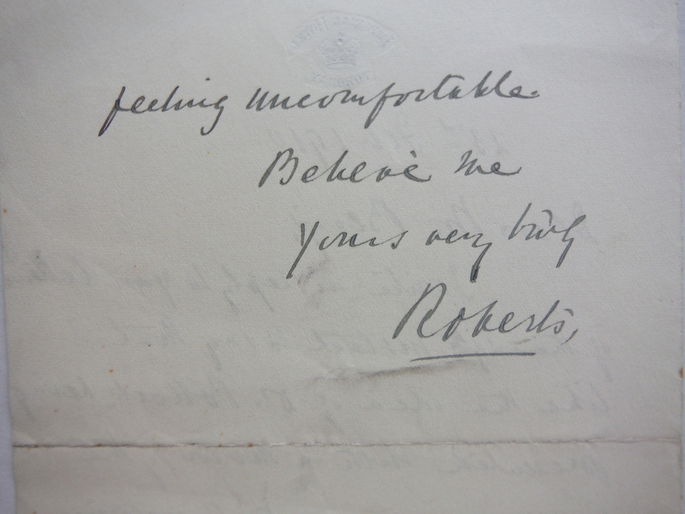 1910 ORIGINAL SIGNED HANDWRITTEN LETTER OF FIELD MARSHAL FREDERICK ROBERTS, FIRS