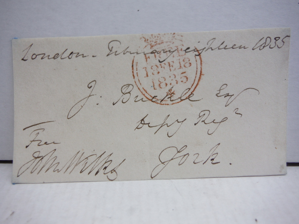 1835: JOHN WILKS SIGNED POSTMARKED ADDRESS PANEL