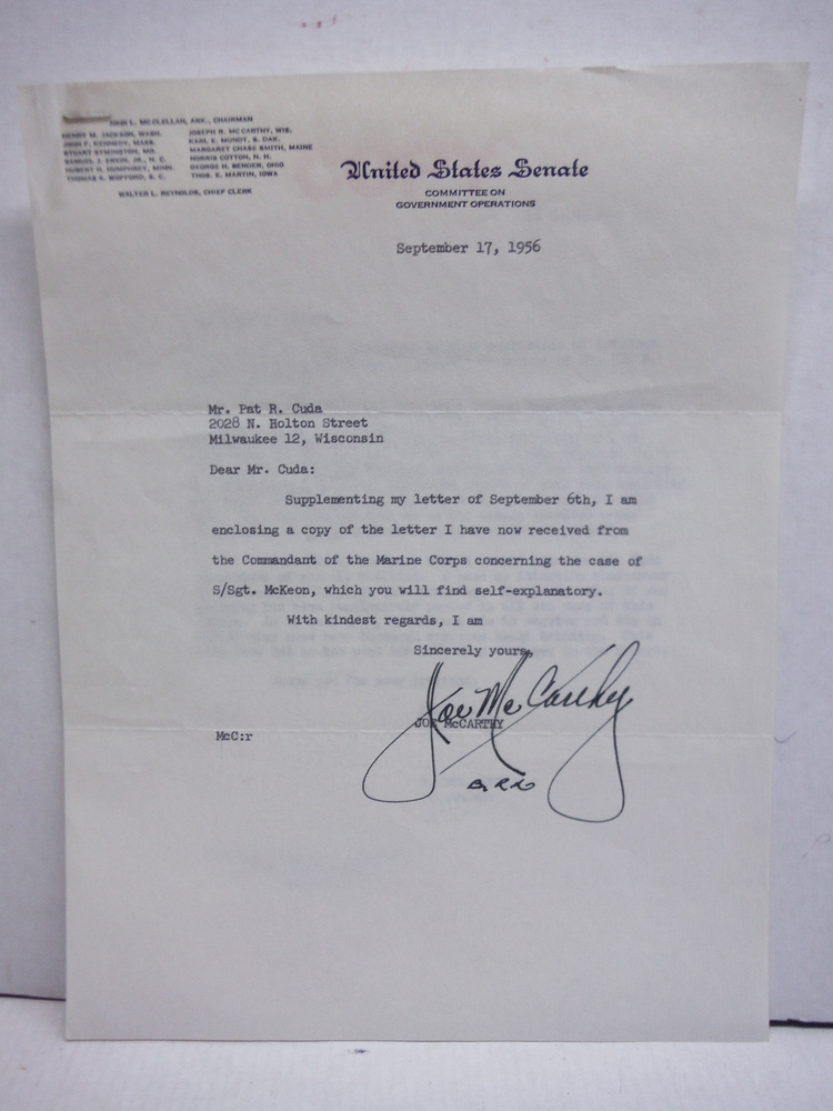 Image 1 of 1956: SENATOR JOSEPH McCARTHY - SIGNED TYPED LETTER