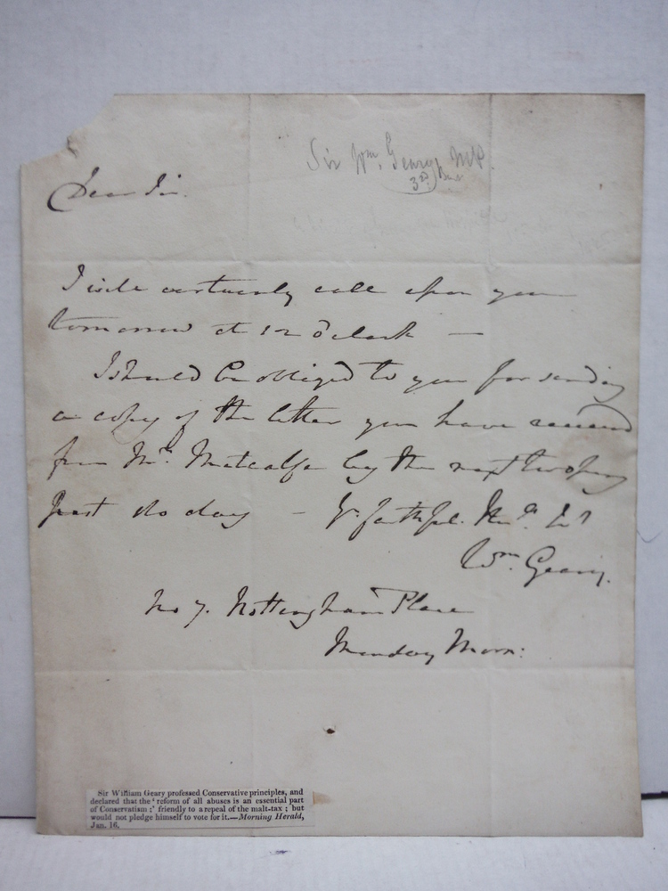 Image 3 of 1836: SIR WILLIAM GEARY SIGNED LETTER AND ENVELOPE PANEL