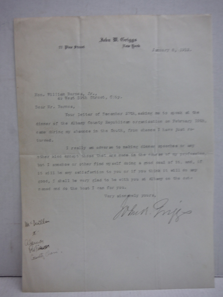 1912: JOHN W. GRIGGS SIGNED TYPED LETTER