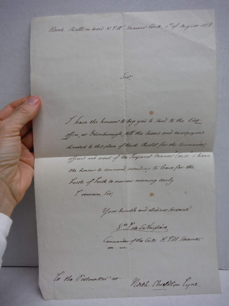 1858: LETTTER FROM COMMANDER OF THE IMPERIAL STEAMER “CORSE” TO POSTMASTER T