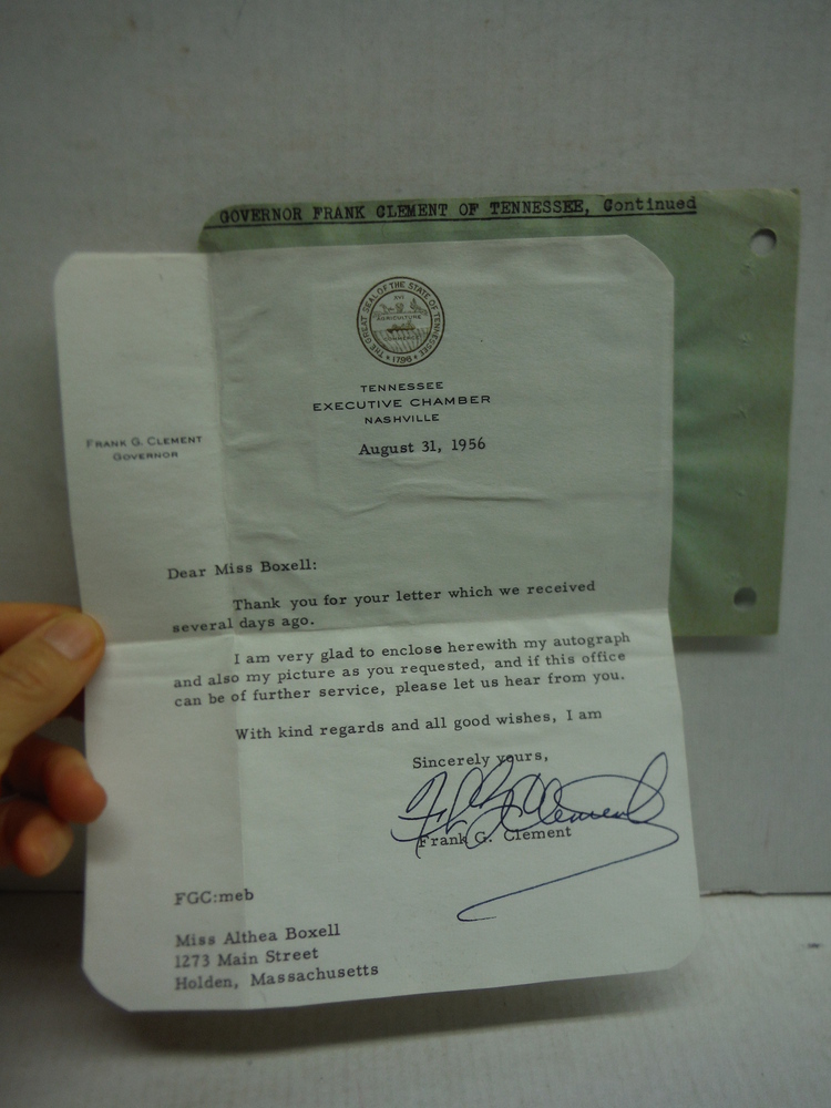1956: FRANK G. CLEMENT, GOVERNOR TENNESSEE, AUTOGRAPHED LETTER AND BUSINESS CARD