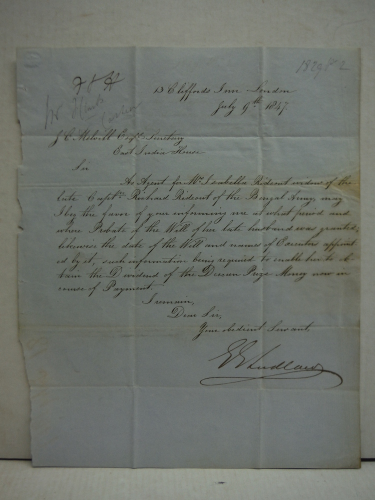 1847: EAST INDIA HOUSE LETTER REGARDING PAYMENT TO DECEASED SOLDIER OF BENGAL AR
