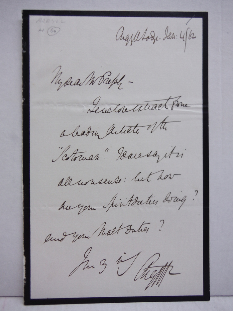1862: GEORGE JOHN DOUGLAS CAMPBELL, 8TH DUKE OF ARGYLL HANDWRITTEN LETTER