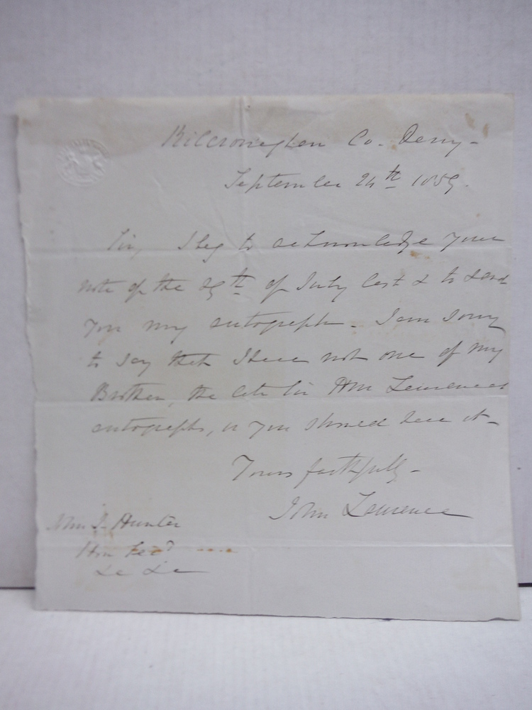 1859: JOHN LAIRD MAIR 1st BARON LAWRENCE HAND WRITTEN LETTER