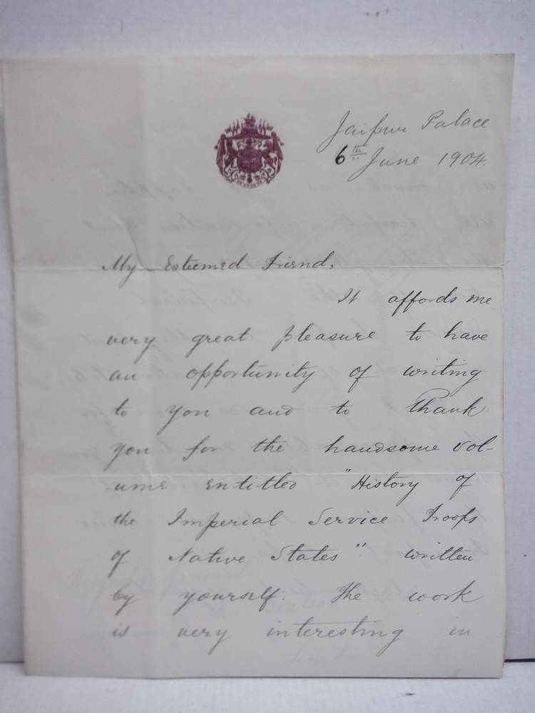 Image 0 of 1904: S. MADHO SINGH - JAIPUR PALACE HANDWRITTEN LETTER