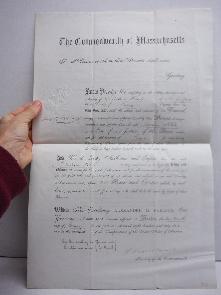 1866: ALEXANDER H. BULLOCK - GOV. OF MASSACHUSETTS - SIGNED DOCUMENT