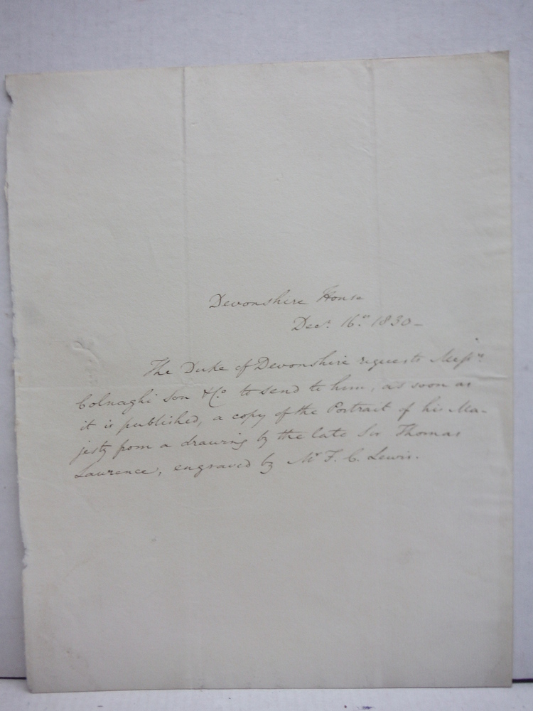 1830: WILIAM CAVENDISH, 6TH DUKE OF DEVONSHIRE HANDWRITTEN LETTER