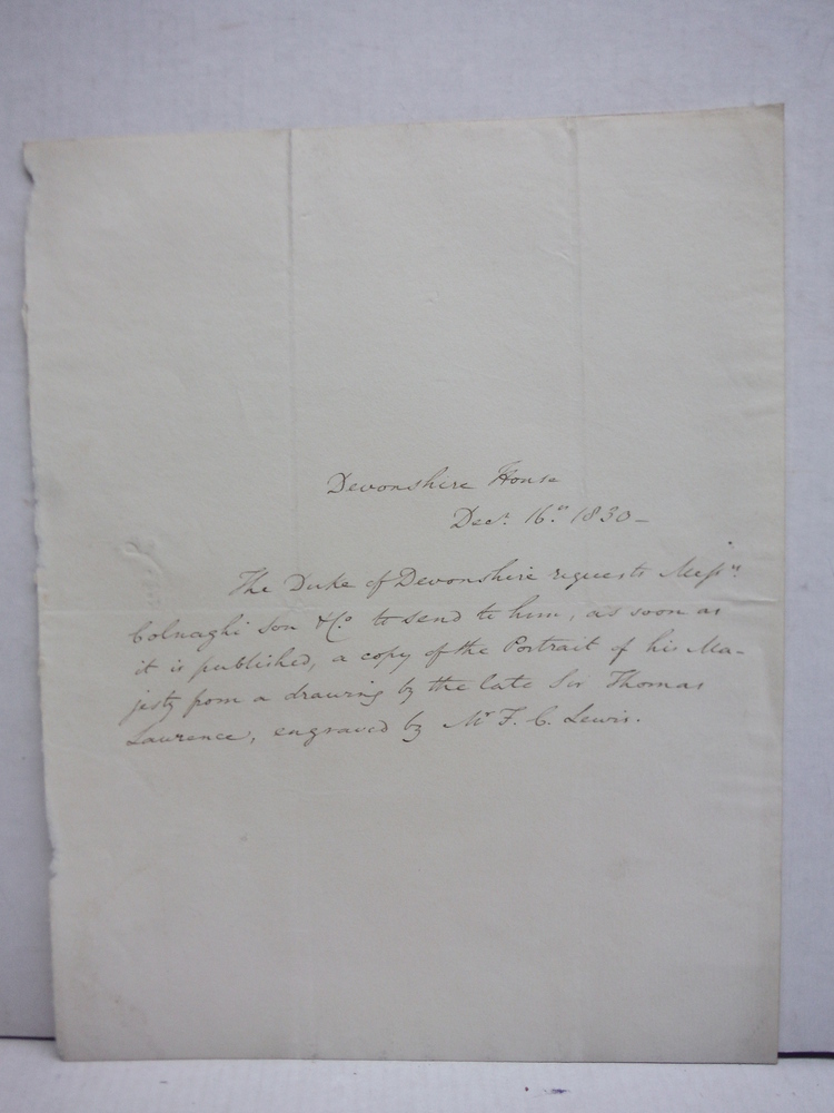 Image 1 of 1830: WILIAM CAVENDISH, 6TH DUKE OF DEVONSHIRE HANDWRITTEN LETTER