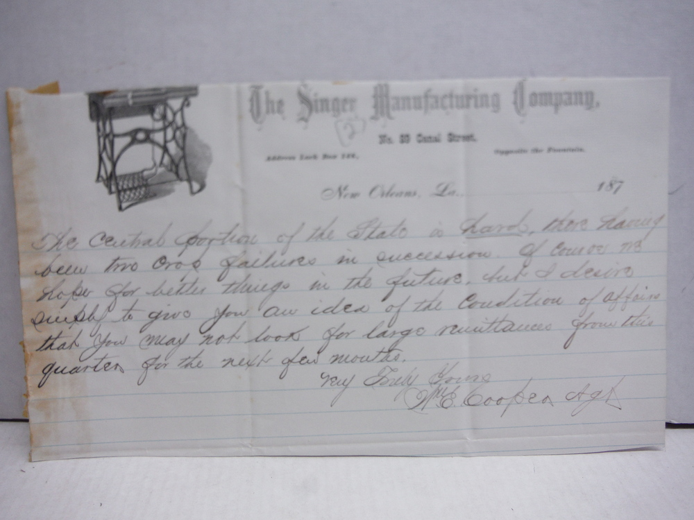 1870: SINGER MANUFACTURING CO. SIGNED LETTER