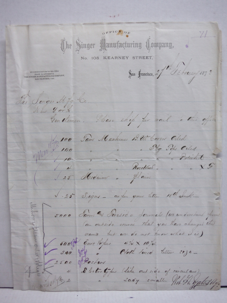 1873: SINGER MANUFACTURING CO. SIGNED LETTER