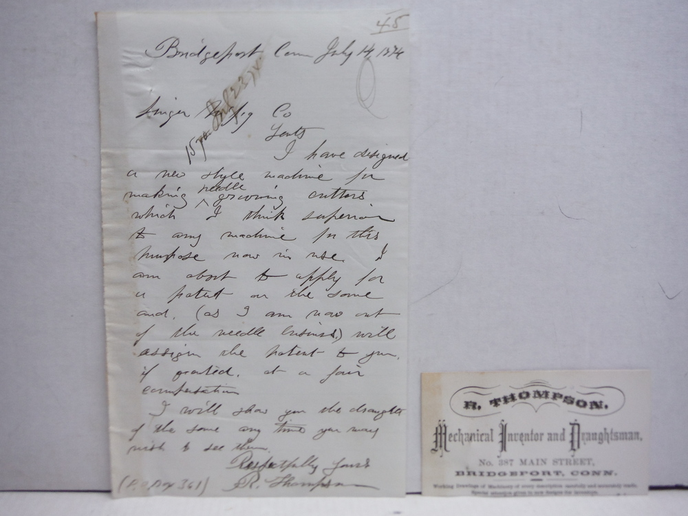 1874: R. THOMPSON HANDWRITTEN LETTER TO SINGER SEWING CO.