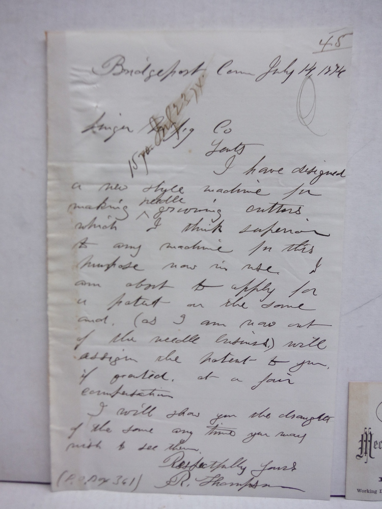 Image 1 of 1874: R. THOMPSON HANDWRITTEN LETTER TO SINGER SEWING CO.