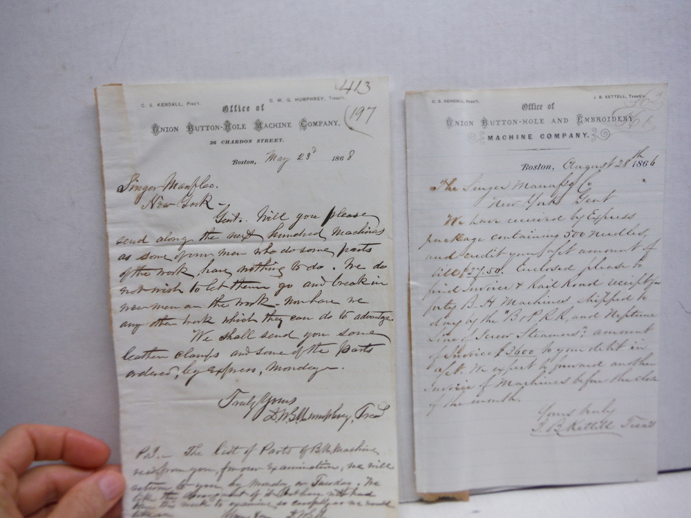 1866: UNION BUTTON-HOLE AND EMBROIDERY CO. HANDWRITTEN LETTERS (2)