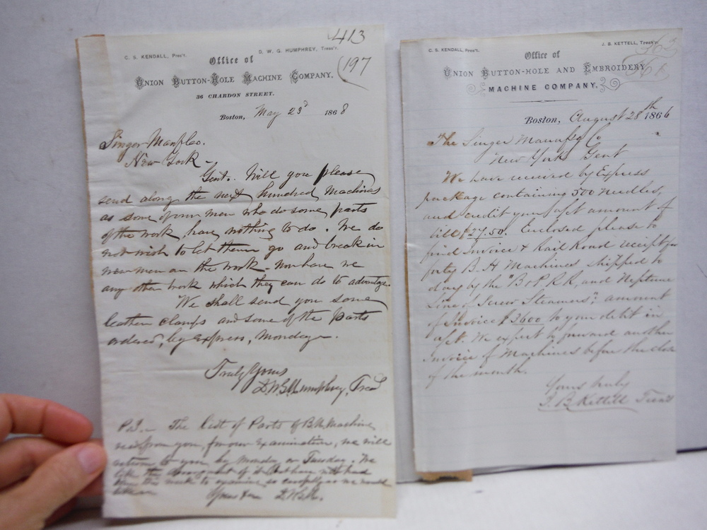 Image 1 of 1866: UNION BUTTON-HOLE AND EMBROIDERY CO. HANDWRITTEN LETTERS (2)