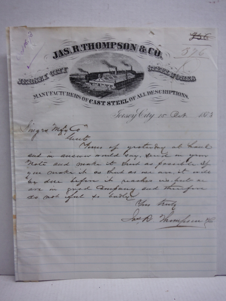 Image 1 of 1873: JAS R. THOMPSON & CO. HANDWRITTEN LETTERS (2)