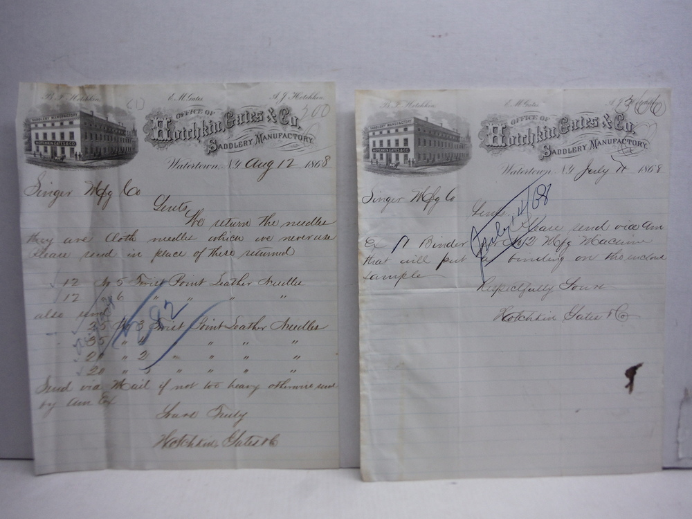 1868: HOTCHKIN, GATES & CO. SADDLERY MANUFACTURORY  HANDWRITTEN LETTERS