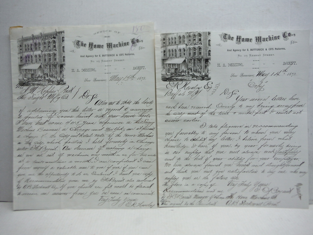 Image 0 of 1872: THE HOWE MACHING CO. HANDWRITTEN LETTERS (2)