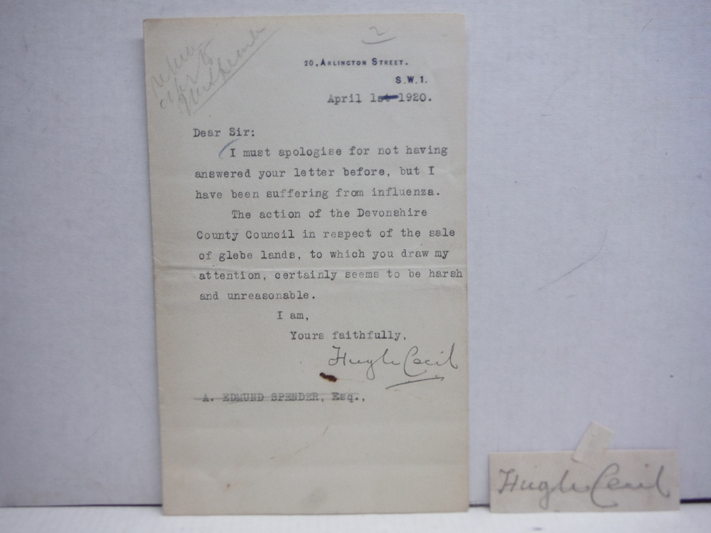 1920: HUGH CECIL, BRON UICKSWOOD SIGNED LETTER AND AUTOGRAPH
