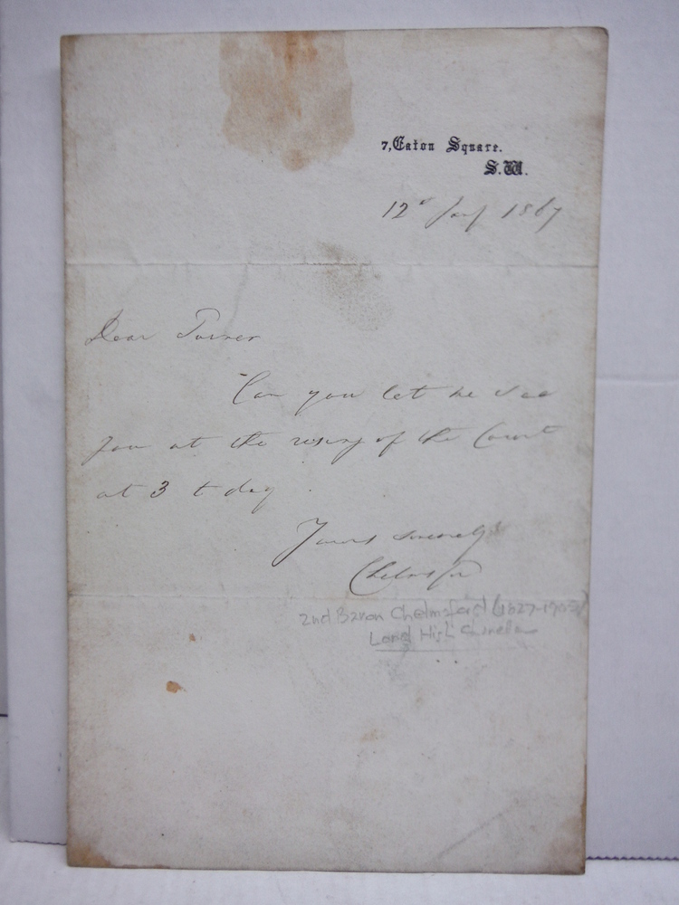 1867: FREDERIC AUGUSTUS THESINGER  1st BARON CHELMSFORD- HANDWRITTEN LETTER