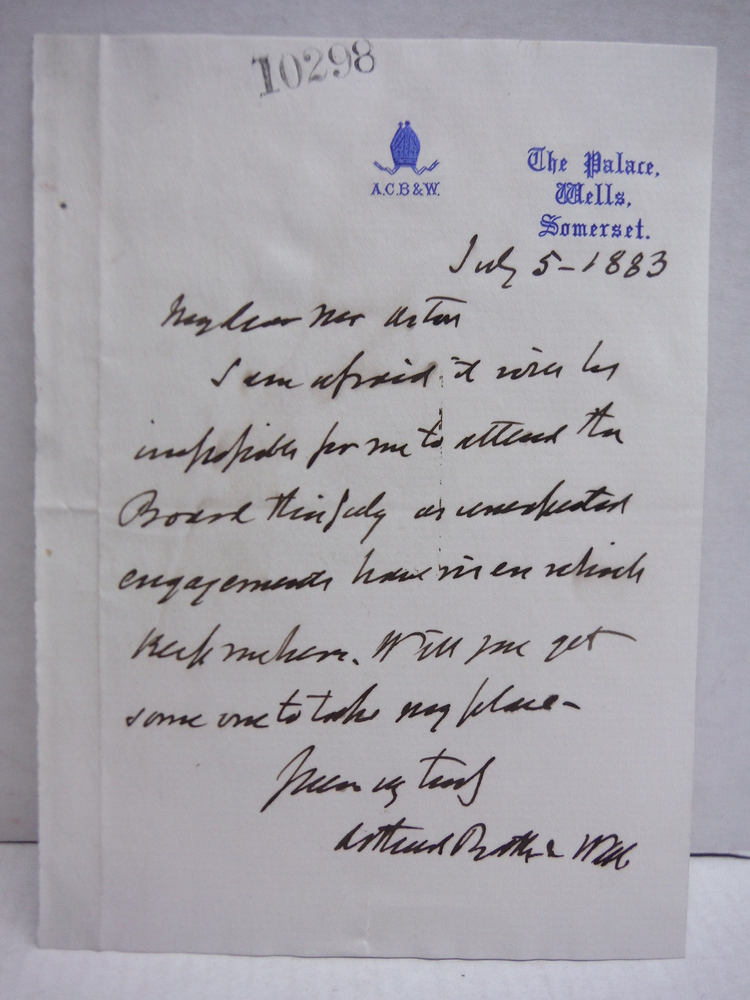 1883: LORD ARTHUR CHARLES HERVEY, BISHOP OF BATH AND WELLS HANDWRITTEN LETTER